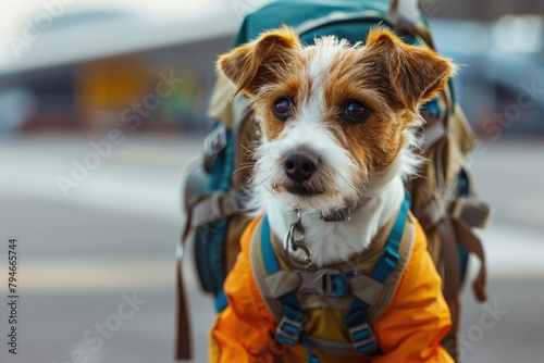 Jack Russell terrier with a backpack on the runway.