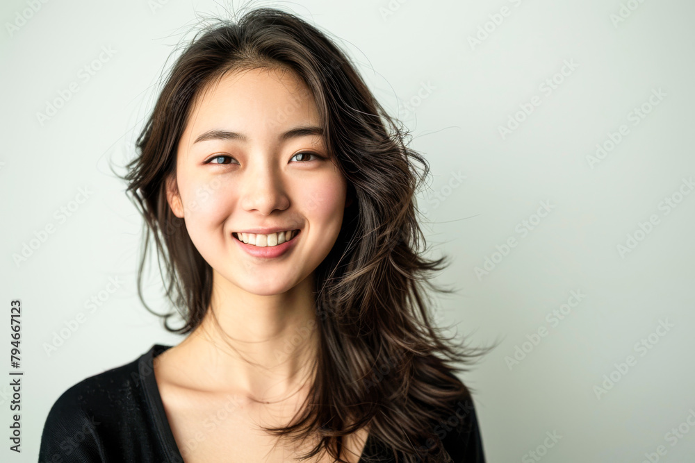 Beautiful studio portrait of young, stylish asian woman, long hair, smiling and looking at camera with confidence on white background Beautiful studio portrait of young, stylish asian woman, long hair, smiling and looking at camera with confidence on white background