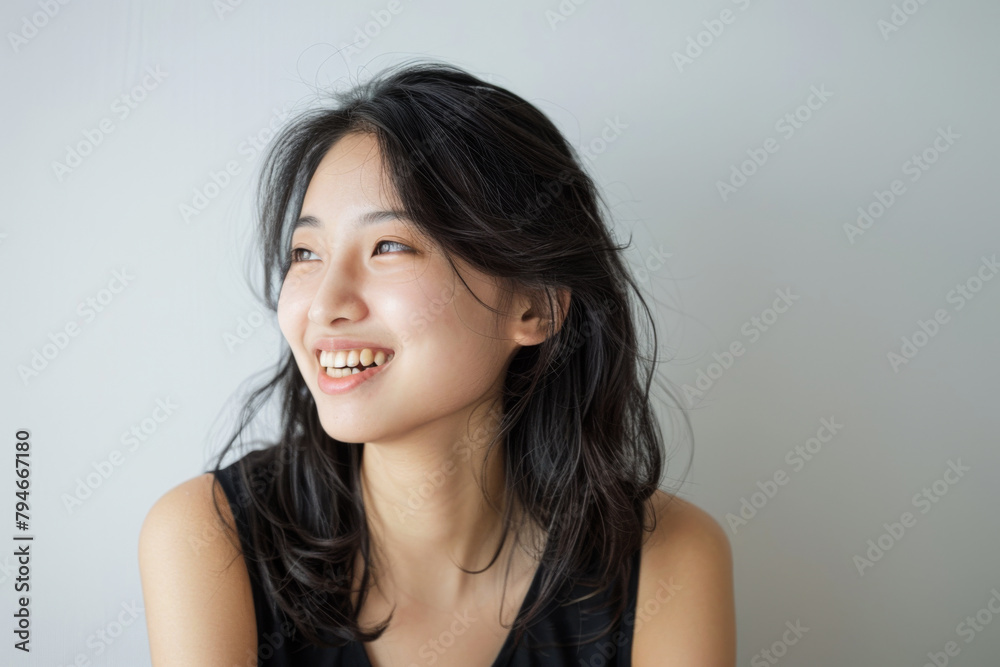 Beautiful studio portrait of young, stylish asian woman, long hair, smiling and looking at camera with confidence on white background