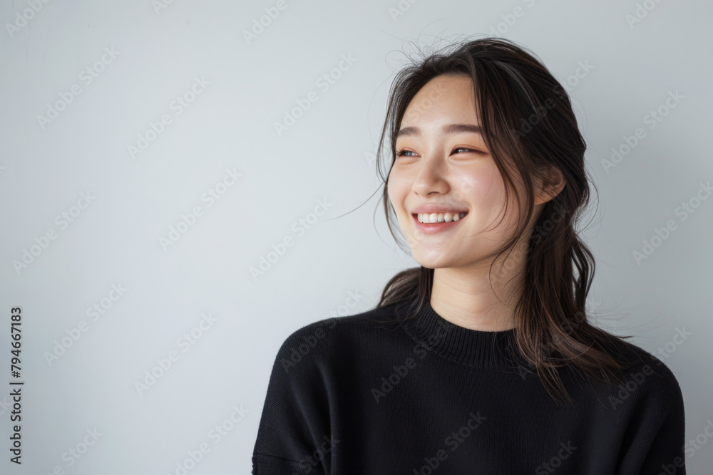 Beautiful studio portrait of young, stylish asian woman, long hair, smiling and looking at camera with confidence on white background Beautiful studio portrait of young, stylish asian woman, long hair, smiling and looking at camera with confidence on white background