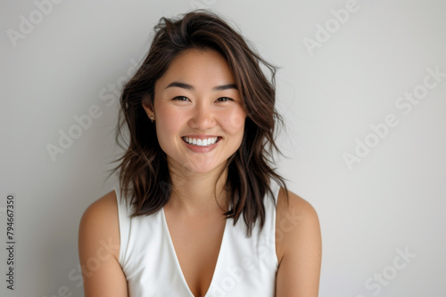 Beautiful studio portrait of young  stylish asian woman  long hair  smiling and looking at camera with confidence on white background