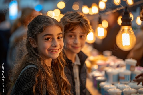 happy European Caucasian youngsters, aged 5-15 years old, wearing business attire, converse and laugh at an exhibition or trade show. Standing proudly by their booth showcasing products.
