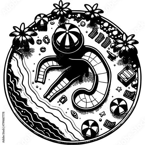 Children summer holiday destination in monochrome. Water park with slides and attractions. Simple minimalistic vector in black ink drawing on transparent background