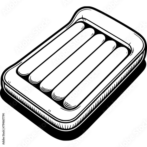 Rectangular inflatable swimming mattress in monochrome. Beach accessory. Simple minimalistic vector in black ink drawing on transparent background