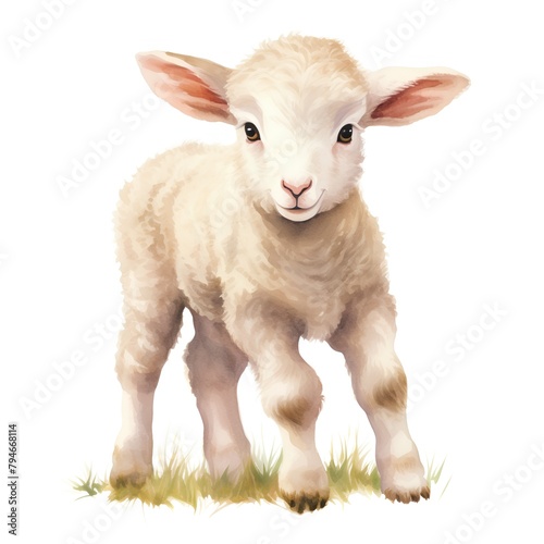 Cute lamb isolated on white background. Watercolor hand drawn illustration photo
