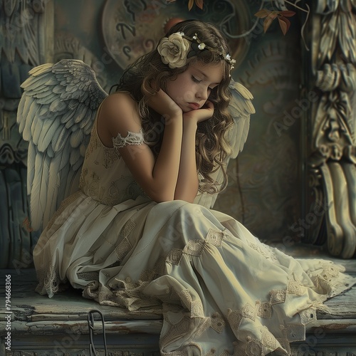 Una joven chica angelical que mira hacia el frente en una actitud contemplativa