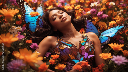  a woman lying in a field of flowers. She is wearing a white dress and has her eyes closed. There are butterflies and flowers all around her.