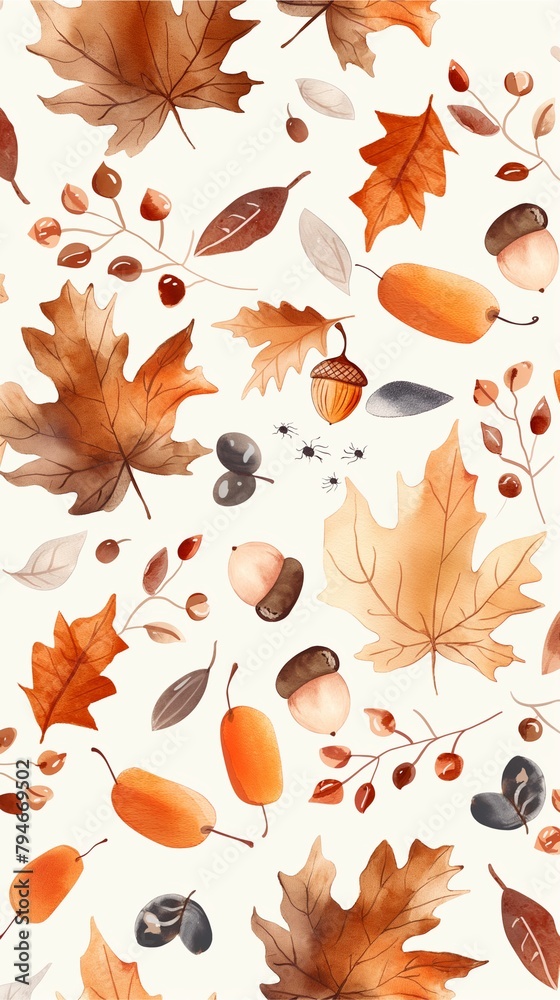 A seamless pattern in a minimalist watercolor style, delicately adorned with leaves and acorns, on white background.