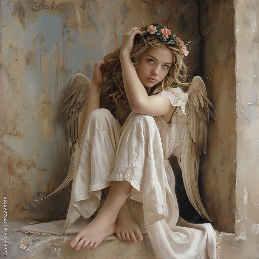 Una encantadora chica vestida de ángel, que se encuentra en una actitud pensativa