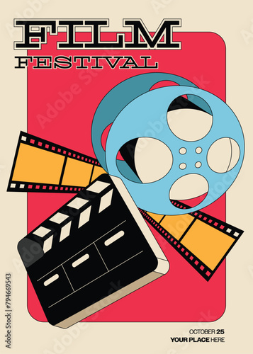 Movie and film festival poster template design with film reel and clapperboard