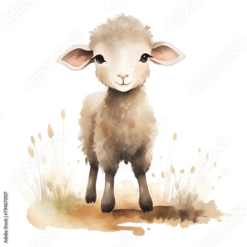 Cute sheep isolated on white background. Watercolor hand drawn illustration photo