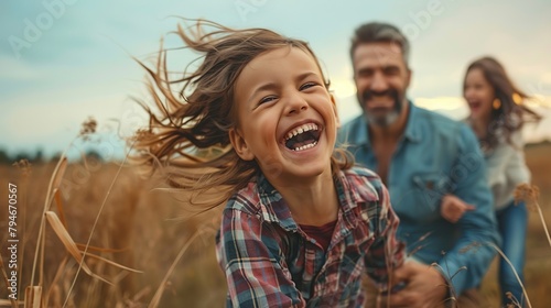 A happy family is running through a field of tall grass. The father is carrying the young daughter on his back. The mother and older son are running alongside. They are all smiling.