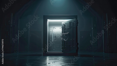 huge iron bank safe with open door and a lot of white space around, set in the middle of the minimalistic dark scene, low light