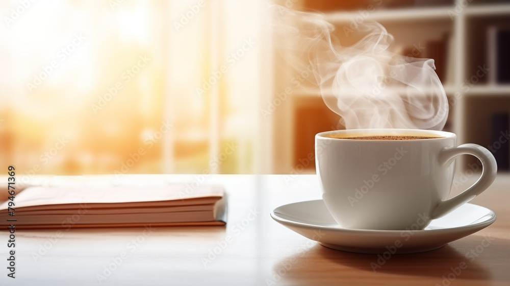 Morning mug of coffee at working desk with document in the morning. Morning mug of coffee at working desk with document in the morning.