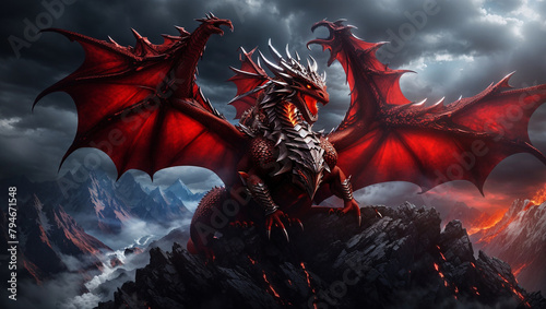 A black dragon with red wings is perched on a rock in front of a stormy sky. The dragon has its wings spread out and is looking to the left of the frame. The background is a dark  stormy sky with clou