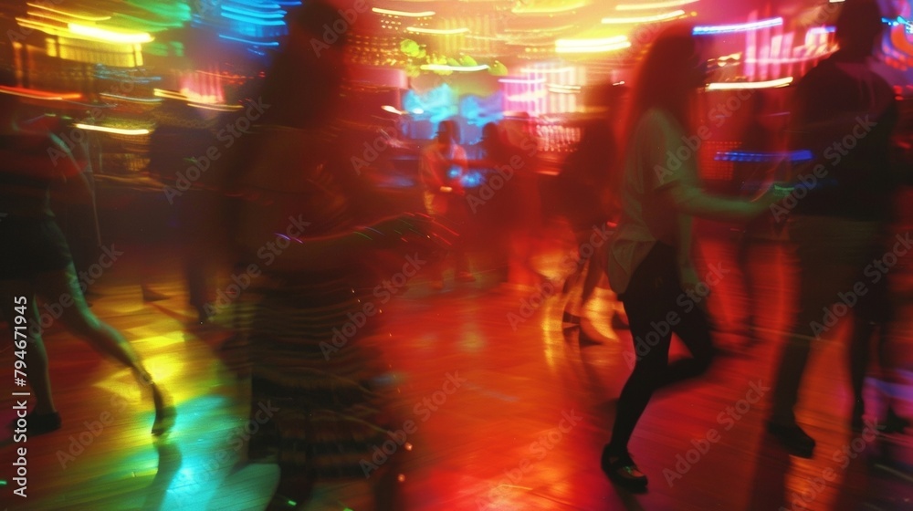 In a dimlylit club the surreal atmosphere is set by defocused spotlights and partygoers their blurred forms adding to the frenzied energy of The Flash and Fizz. .
