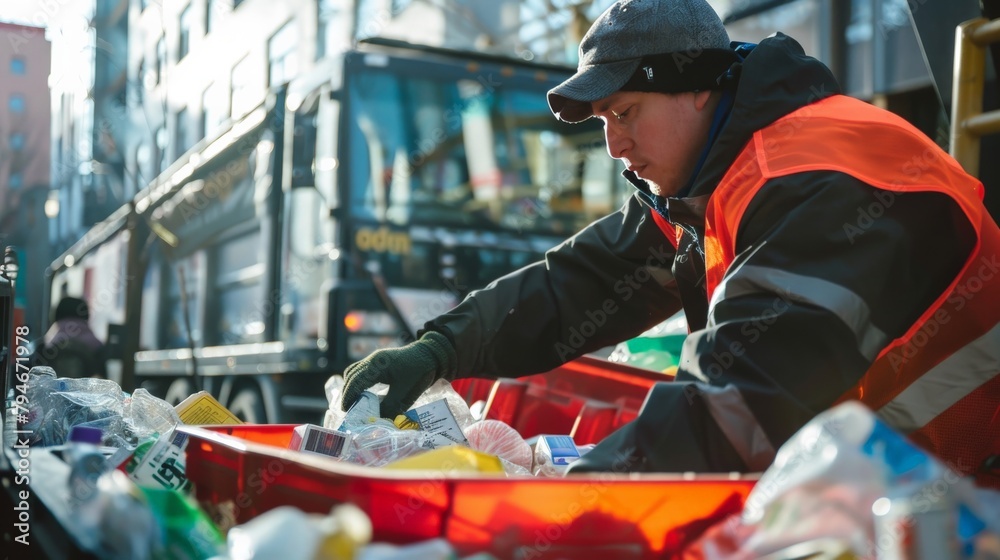 Obraz premium City worker sorting recyclables from collected trash