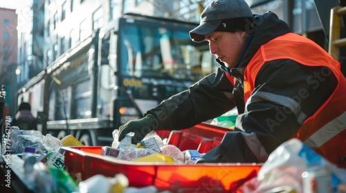 City worker sorting recyclables from collected trash