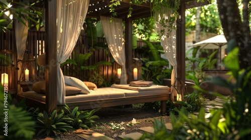 A tranquil outdoor sleep garden tucked away from the hustle and bustle of daily life offering a peaceful atmosphere for a rejuvenating spa treatment and a restorative 2d flat cartoon. © Justlight