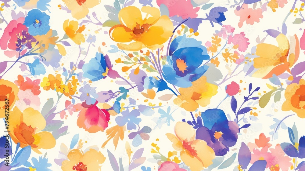 A vibrant watercolor pattern featuring a delightful floral print with flowers set against a colorful background all beautifully rendered in a charming watercolor style