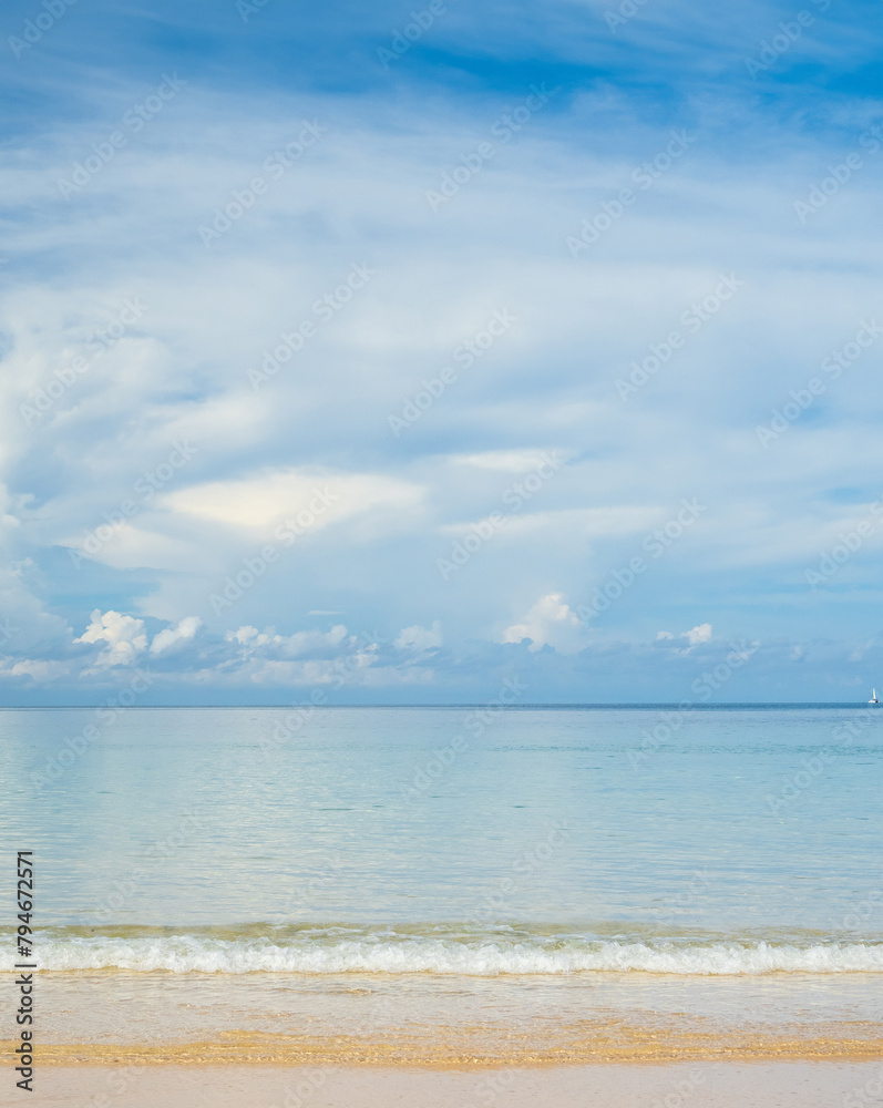 Landscape beautiful summer vertical horizon look view tropical shore open sea beach cloud clean  blue sky background calm nature ocean wave water nobody travel at Koh Muk Trang Thailand sun day time