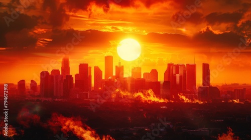 Dystopian city skyline silhouetted against a fiery sunset