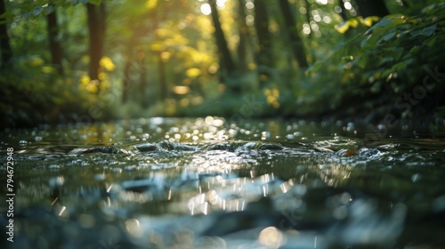 The gentle trickle of a stream combined with the rustle of leaves on tall trees creating a serene and calming atmosphere. 2d flat cartoon.