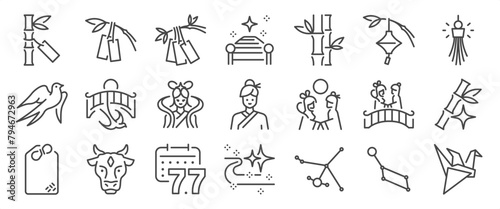 Tanabata icon set. It includes stars, swallows, Japanese, festivals, charms, blessing cards, and more icons. Editable Vector Stroke.