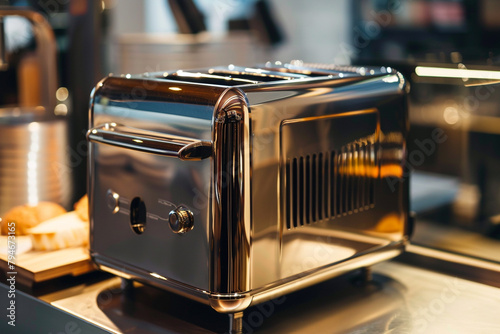 A stainless steel toaster with adjustable browning settings, catering to individual preferences. photo