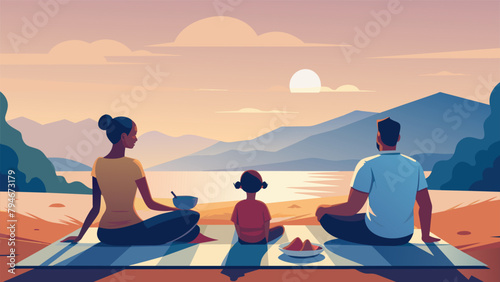 A family sitting together on a picnic blanket munching on sandwiches and fruit while gazing out at the expansive horizon.