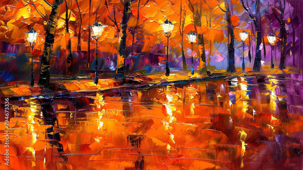 Naklejka premium Vividly textured impressionistic oil painting of an evening park with shimmering reflections.