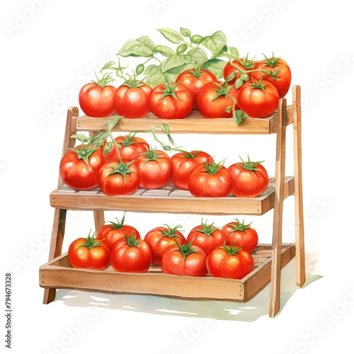 Watercolor illustration of a wooden shelf with fresh ripe tomatoes on it photo
