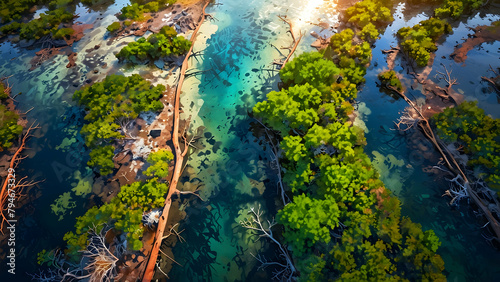 illustration of aerial view of lush green mangrove forest 