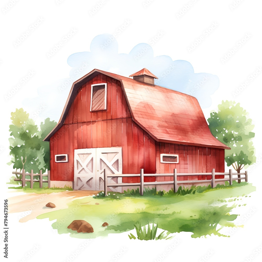 Watercolor red barn on the field. Hand drawn illustration isolated on white background Watercolor red barn on the field. Hand drawn illustration isolated on white background