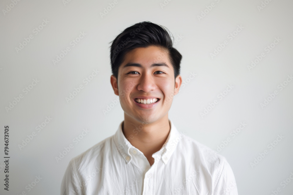 Portrait of healthy, cheerful handsome young Asian man smiling and looking at camera with white background. Happy, health and mental healthcare concept