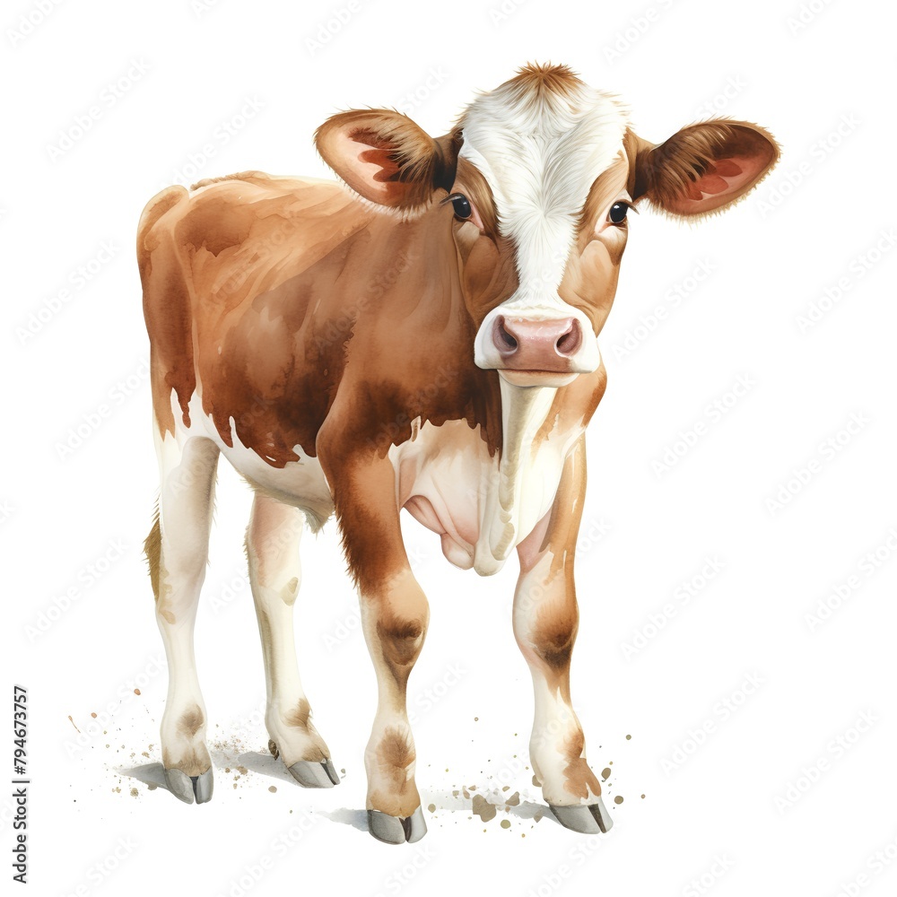 Cow isolated on white background. Watercolor illustration. Digital painting.