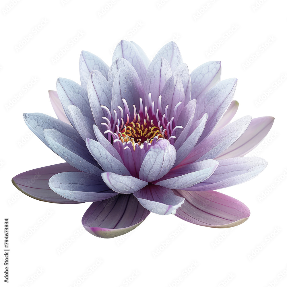 An isolated water lily flower floating delicately on a tranquil pond set against a transparent background