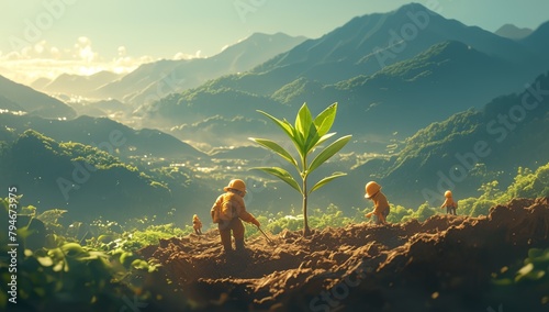 A group of miniature workers are planting trees on the ground, with green hills in the background, some little people wearing yellow helmets are planting small pine trees, eco-sustainable, business,  photo