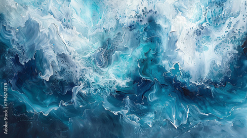 Dynamic oil painting, light and dark blues with white creating a frothy sea effect, modernizing seascapes. photo