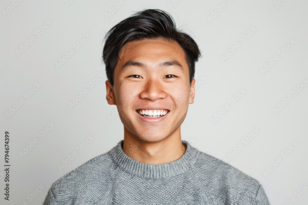Portrait of healthy, cheerful handsome young Asian man smiling and looking at camera with white background. Happy, health and mental healthcare concept Portrait of healthy, cheerful handsome young Asian man smiling and looking at camera with white background. Happy, health and mental healthcare concept