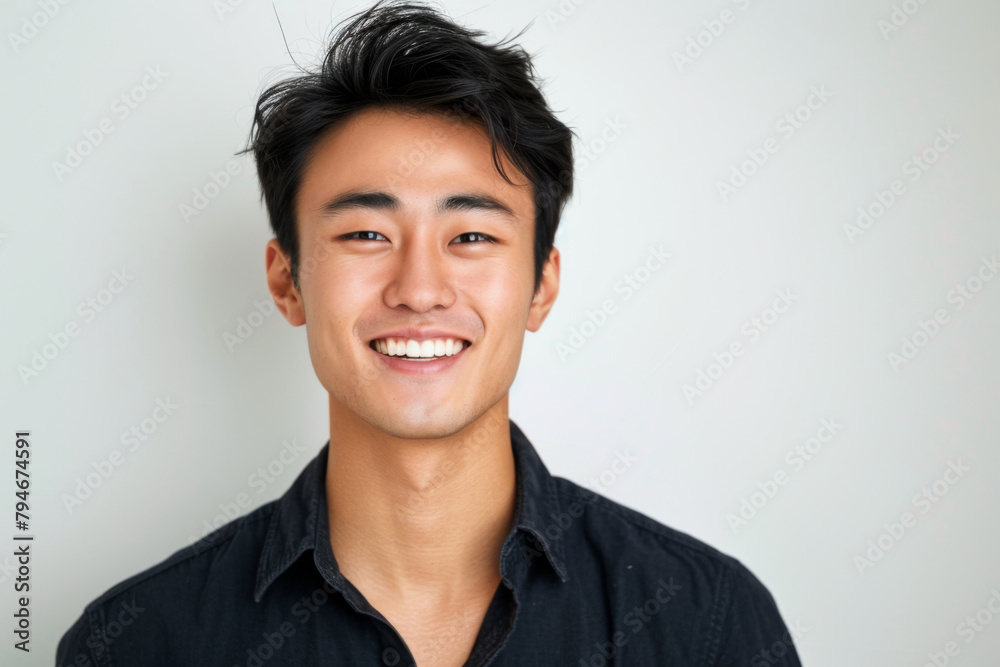 Portrait of healthy, cheerful handsome young Asian man smiling and looking at camera with white background. Happy, health and mental healthcare concept Portrait of healthy, cheerful handsome young Asian man smiling and looking at camera with white background. Happy, health and mental healthcare concept