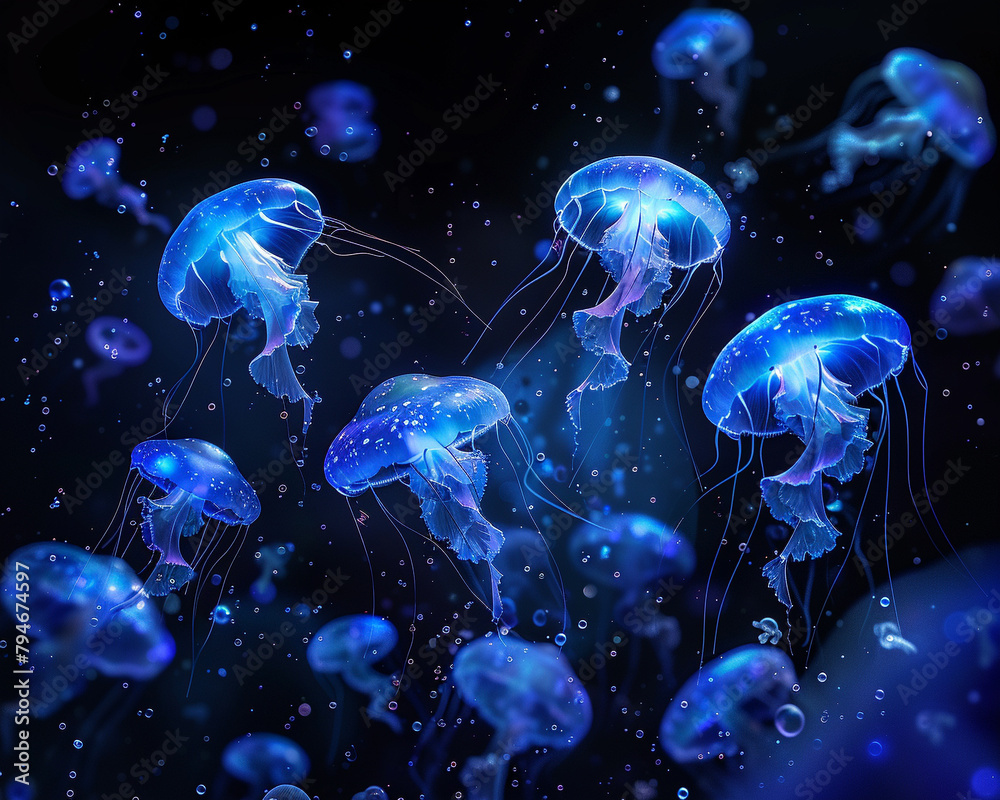 Naklejka premium A luminous abyss filled with gracefully floating jellyfish,