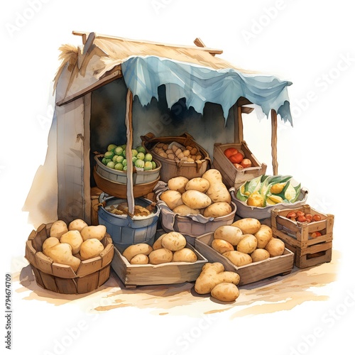 Watercolor illustration of a wooden stall with fresh vegetables and fruits. photo