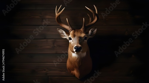 stuffed deer head on a dark wooden wall.generative.ai  photo