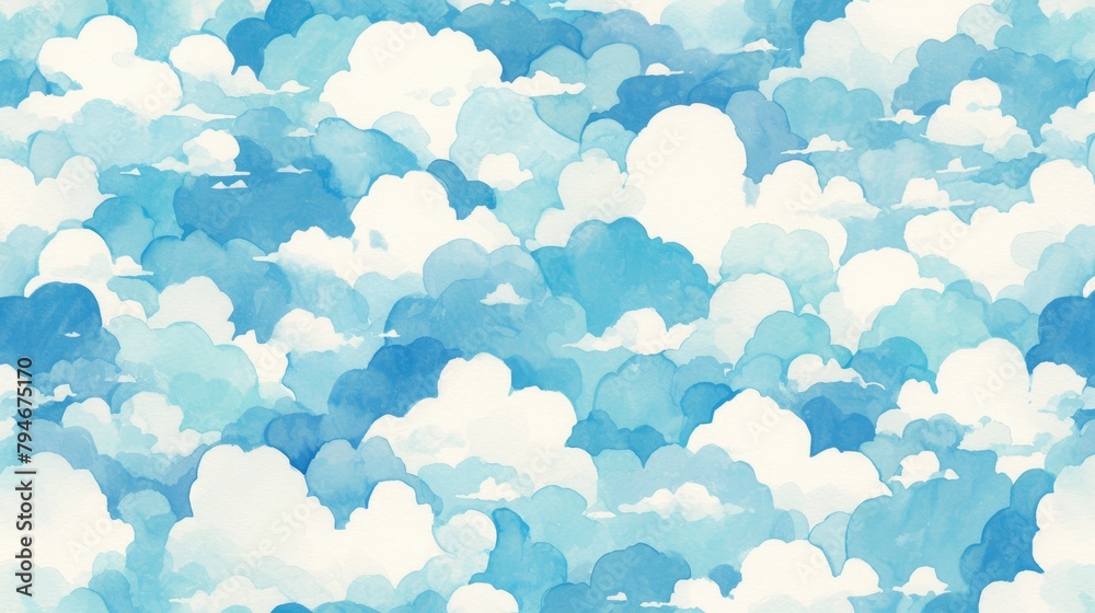 Watercolor illustration featuring a pattern of charming cartoon clouds