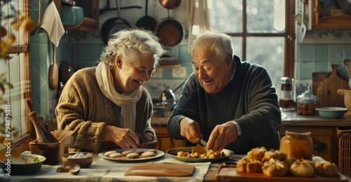 Elderly couple baking cookies together  sharing a laugh in their cozy kitchen