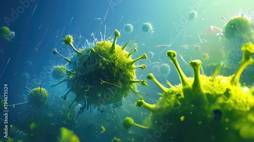 Illustration depicting the transmission of the coronavirus through a green 2019 nCoV virus bacterium showcasing a vibrant and dynamic visualization of the Covid 19 molecule photo