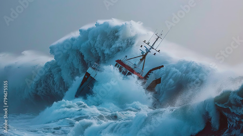 massive waves toss a crab fishing ship