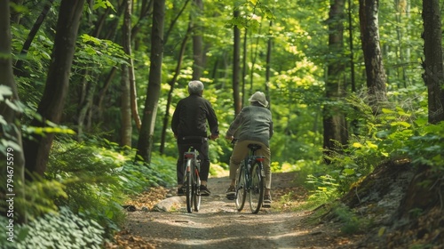 Elderly couple cycling together on a forest trail, surrounded by greenery