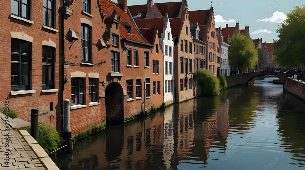 Fototapeta premium copy space, simple vector illustration, typical view of the canals in Bruges, Belgium. hand drawn, view of the typical canals in the city centre of Bruges, Belgium. Famous touristic spot.generative.ai